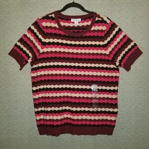 NWOT Liz Claiborne Short Sleeve Striped Sweater XL Pink Purple Black Burgundy